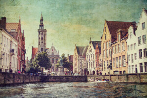 Belgia, barcă, Bruges, canal, Biserică, filtru, Acasă, oameni