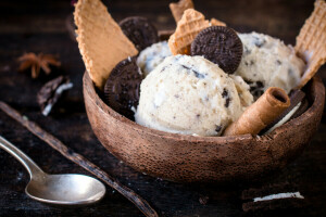 bowl, dessert, ice cream, spoon, waffles