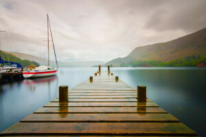 boat, lake, mountains, the bridge, the sky, yacht