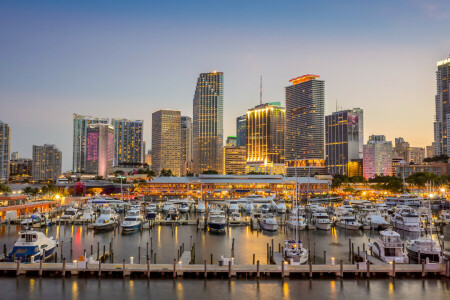 Bugt, Biscayne Bay, både, bygning, FL, Florida, Miami, moler