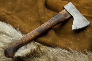 Axe, metal, painted, treated wood, wood