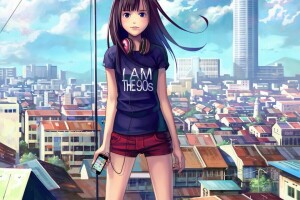 anime, kunst, chong feigiap, wolken, meisje, Hoofdtelefoon, huis, Speler