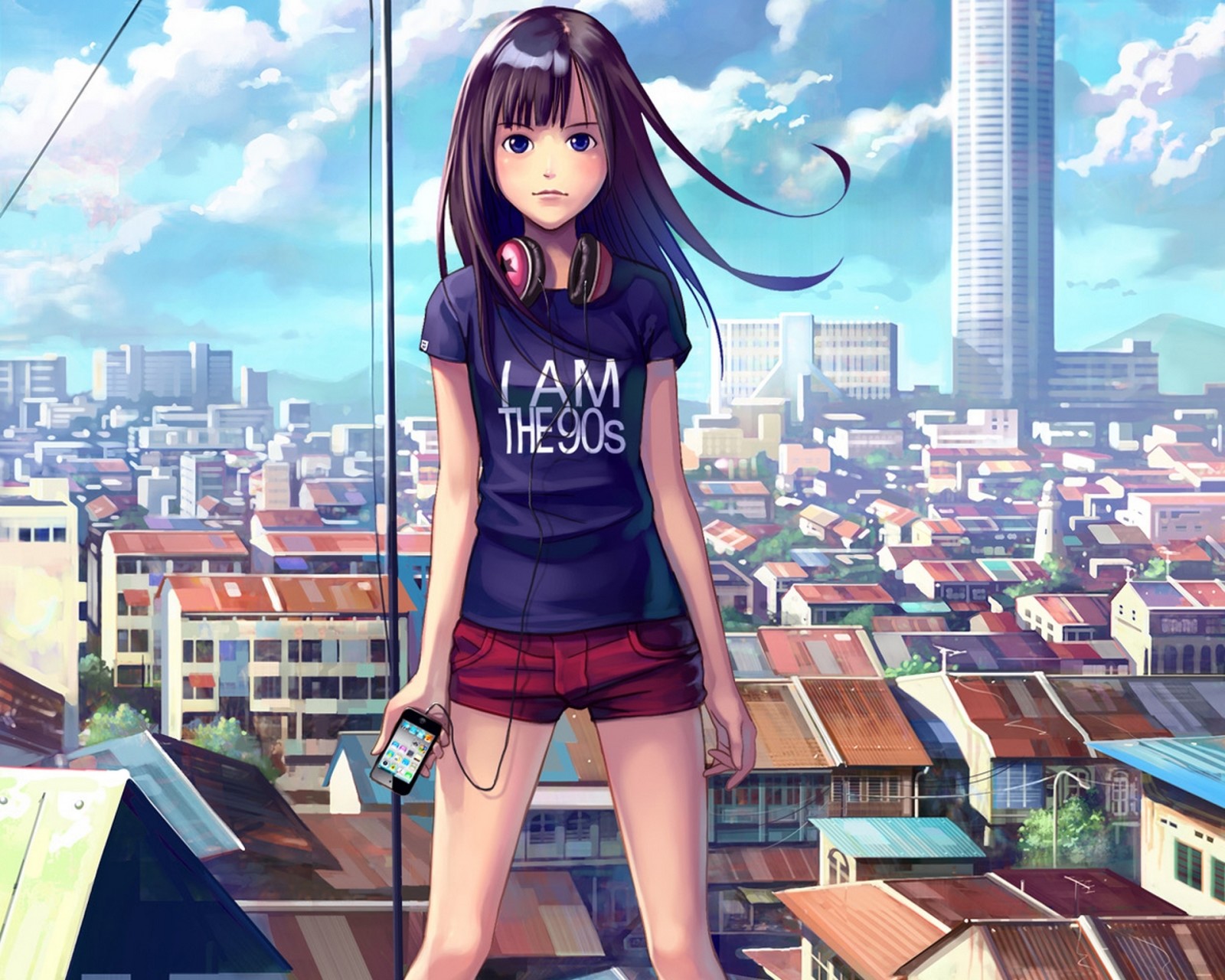 the sky, the city, girl, art, clouds, home, anime, Headphones