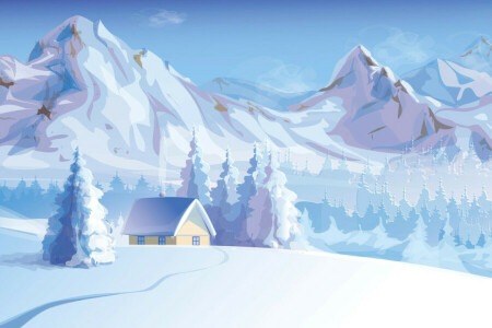 house, landscape, mountains, nature, snow, trees, Vector, winter