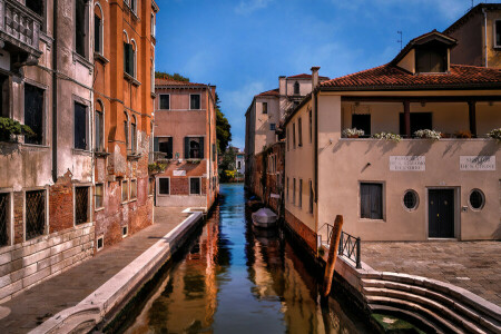 barco, canal, hogar, Italia, Mañana, etapa, la acera, el cielo