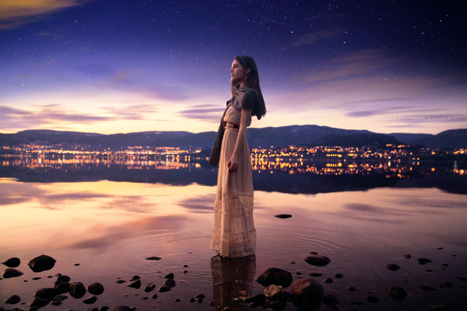 o céu, a cidade, menina, reflexão, noite, estrelas, Lichon, Lucy no céu