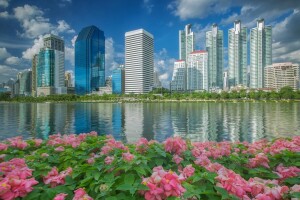 Bangkok, edificio, flores, paseo, rascacielos, Tailandia, agua