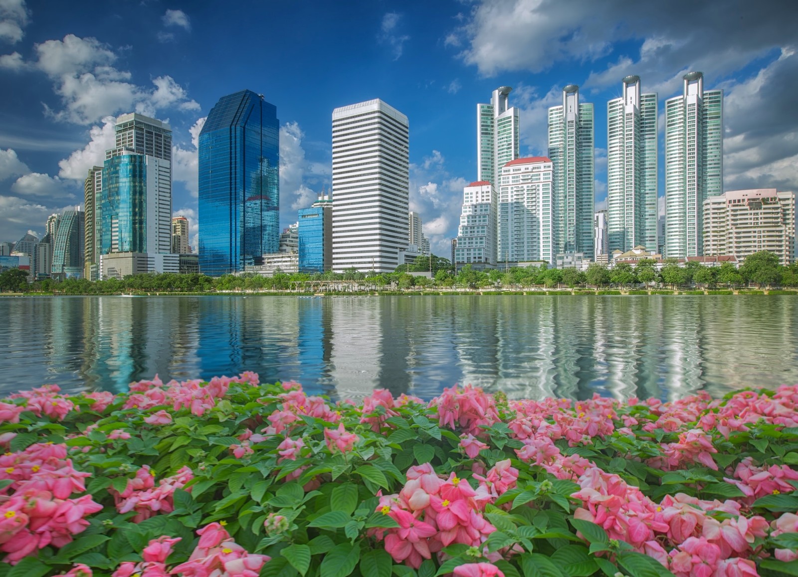 skyscrapers, flowers, water, building, promenade, Thailand, Bangkok