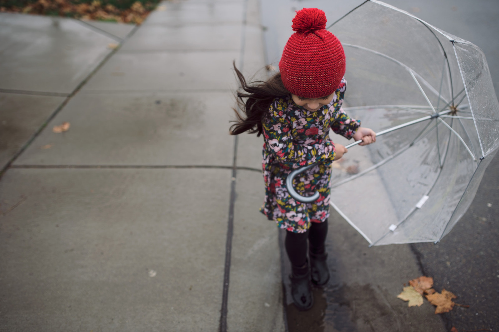 autumn, street, girl, leaves, child, umbrella, the wind