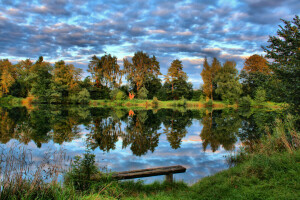 Německo, tráva, jezero, Laupheim, Příroda, fotografie, nebe, stromy