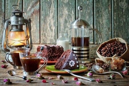 cake, coffee, coffee beans, lantern, raisins, Still life