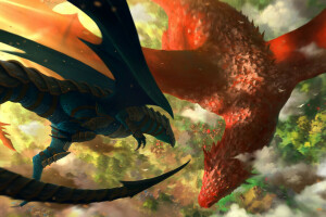 art, battle, black, clouds, dragons, flight, height, red