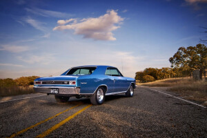 1966, back, Chevelle, clouds, farm, field, road, side