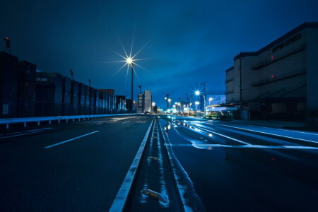 asphalt, containers, home, lights, night, posts, road, strip