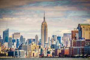 clouds, Empire State Building, home, New York, river, the sky, tower, USA