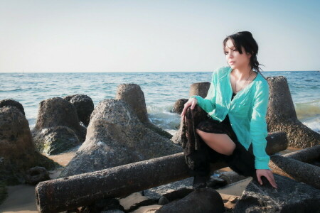 girl, mood, sea, Tomomi