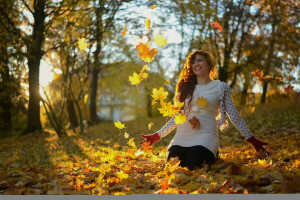 autumn, girl, laughter, leaves, Miss Froggi