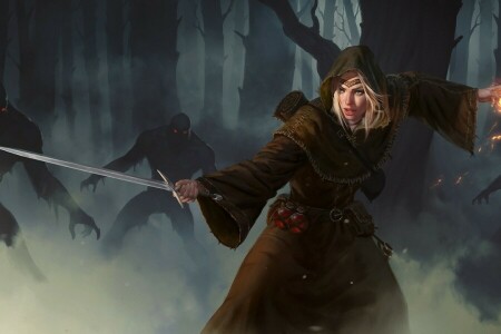 art, forest, girl, magic, sword, undead