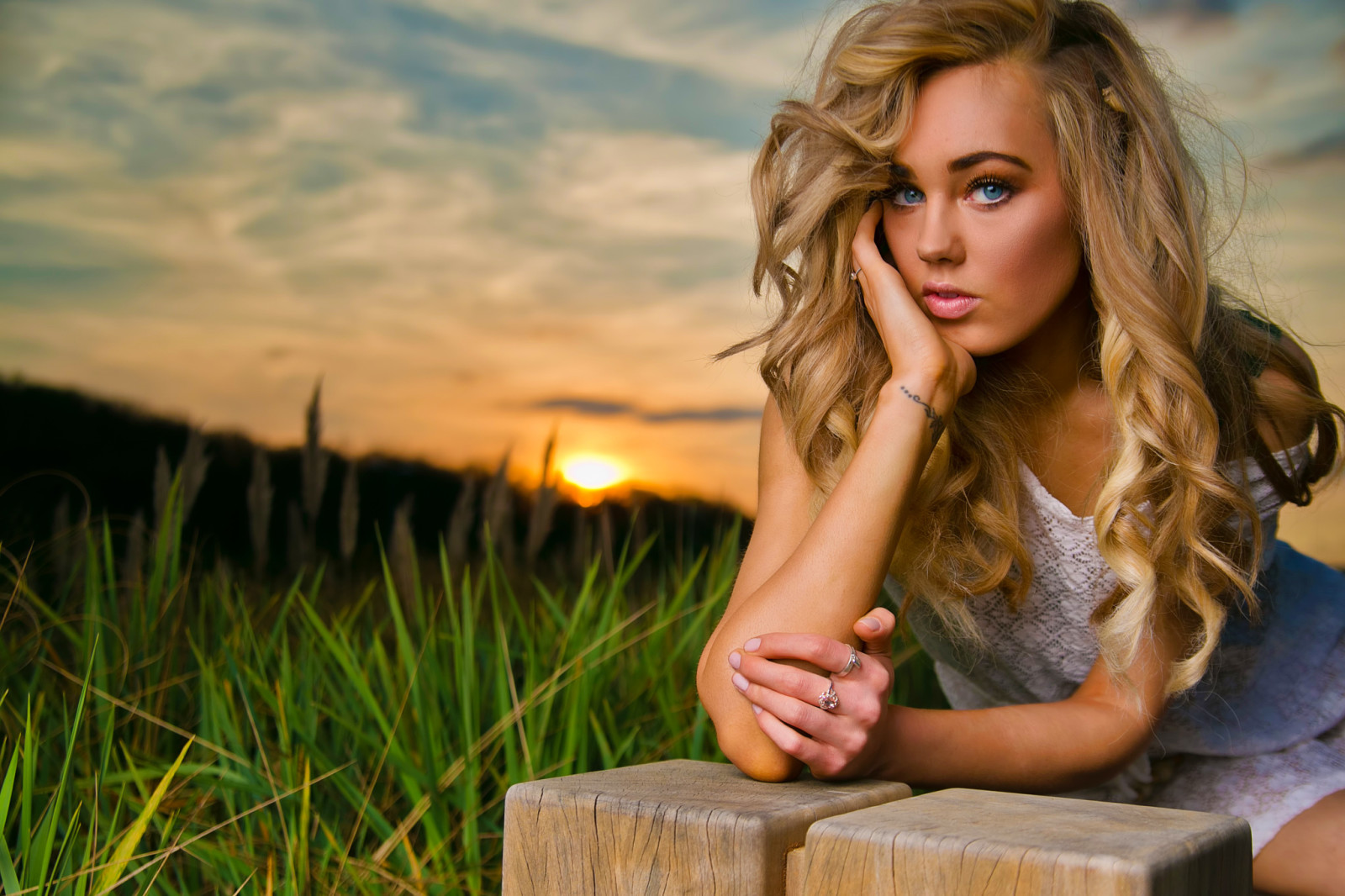 blue, grass, look, nature, face, summer, girl, portrait