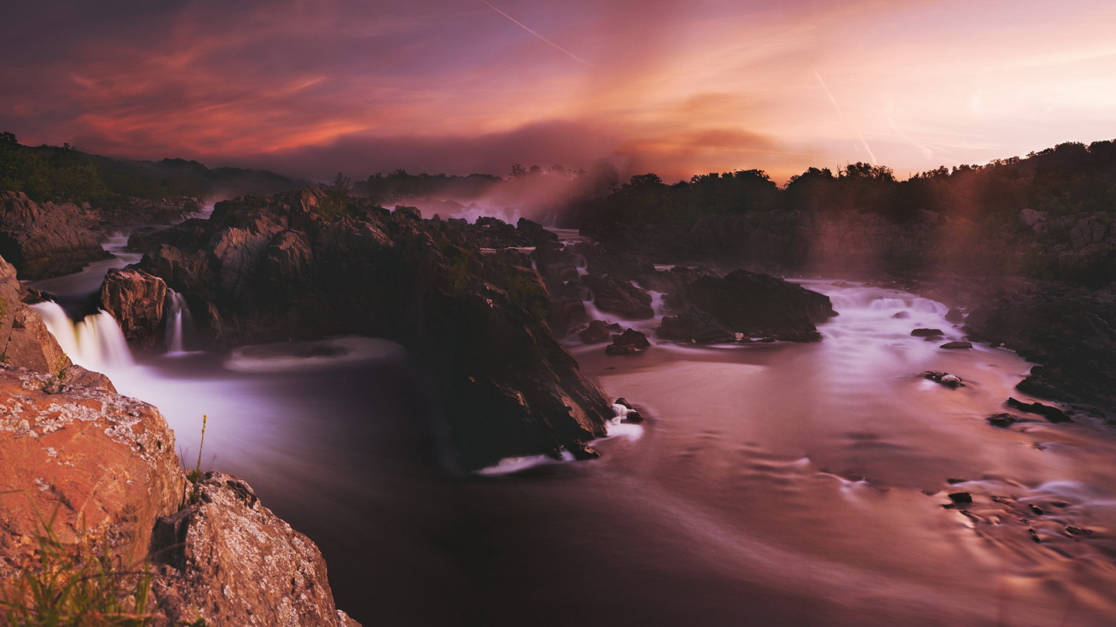 rivier-, zonsondergang, landschap