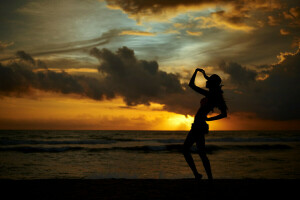 coast, Eugene Nadein, girl, hat, photographer, romance, sunset