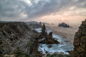 nuvens, névoa, manhã, pedras, mar, o sol