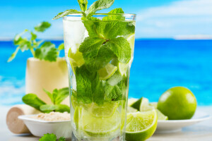 beach, cocktail, ice, lime, mint, mojito, sea, sugar