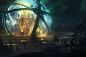 art, castle, fantasy, Fiction, night, sphere, tuomas korpi