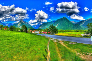 Bovec, clouds, field, grass, HDR, home, mountains, road