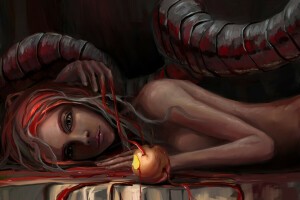 apple, art, blood, Eva, snakes