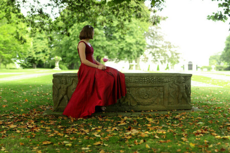 autumn, brown hair, dress, eyes, flower, girl, grass, headstone