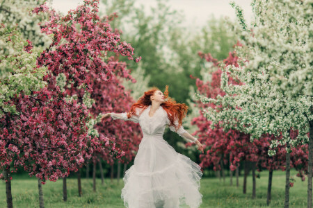 bokeh, flores, Relva, natureza, Primavera, árvores, Mulher