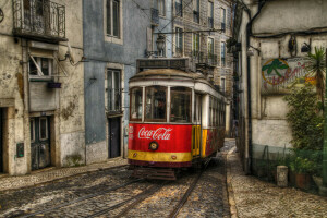 budynek, Miasto, Coca-Cola, Lizbona, Portugalia, tor, tramwajowy