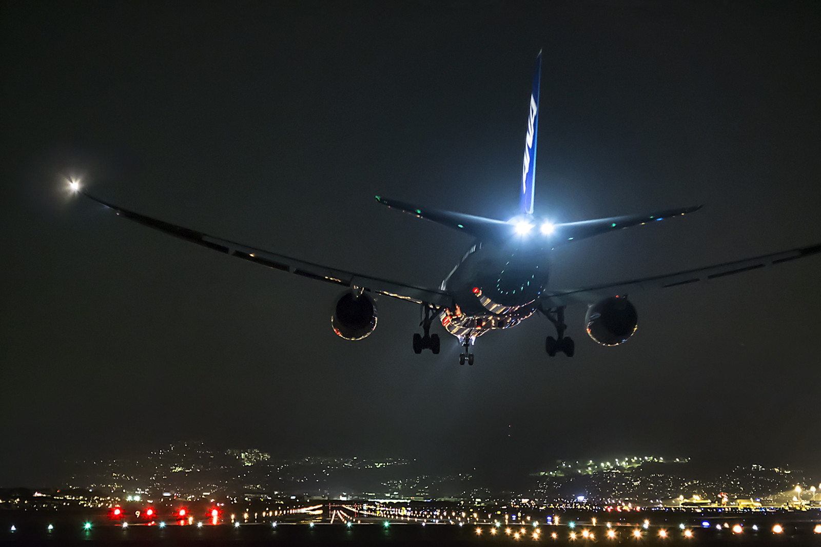 gece, Japonya, uçak, Osaka, Boeing 747, havalimanı