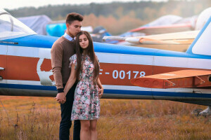 menina, cara, História de amor, o avião