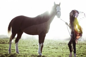 feathers, field, girl, headdress, horse, summer