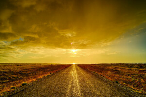 clouds, Desert, horizon, road, sunset, the sky