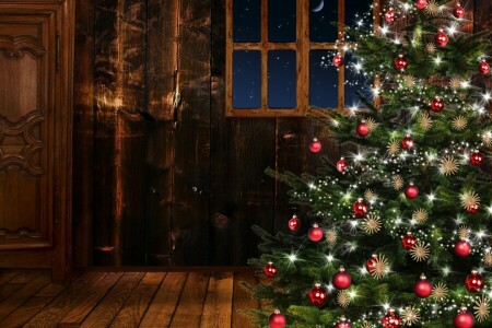 Christmas, New Year, room, tree, window