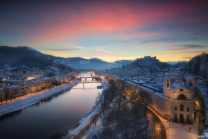 österrike, Bro, Hem, januari, lampor, flod, Salzburg, staden