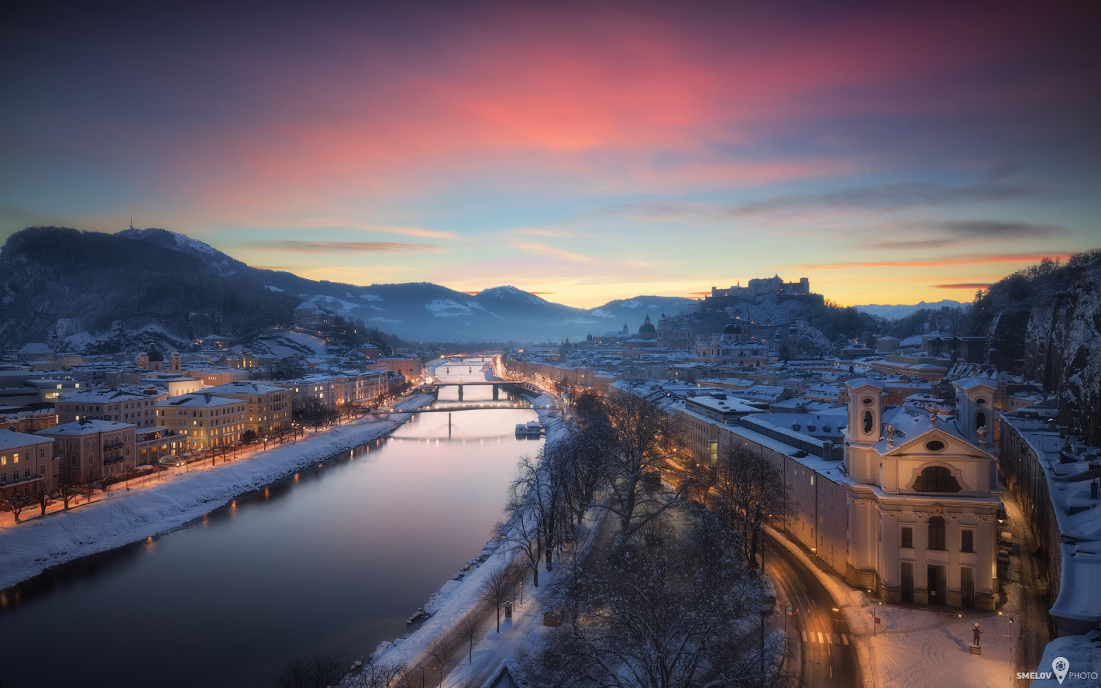 a cidade, rio, inverno, luzes, casa, Ponte, Áustria, Salzburg