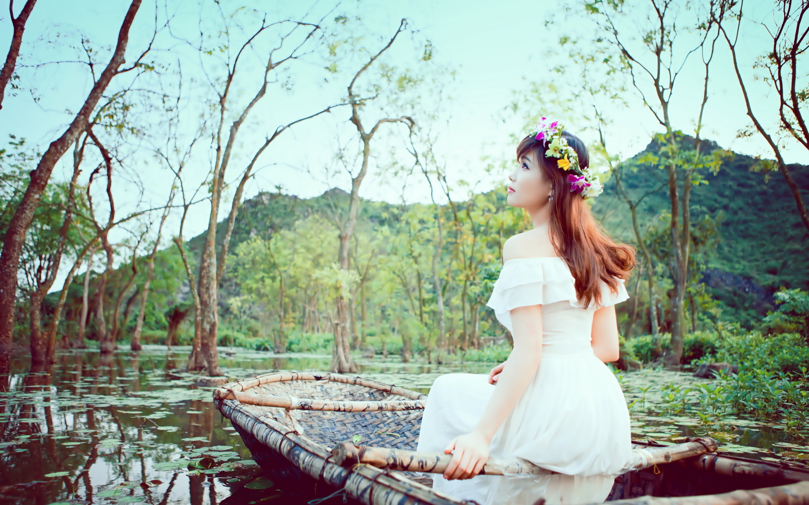 natureza, menina, barco, asiático