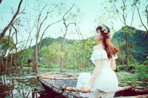 asian, boat, girl, nature