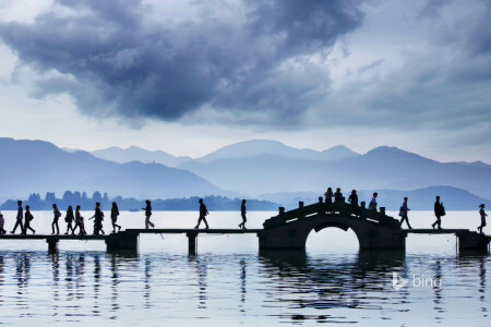 Brug, China, Hangzhou, meer, mensen, westelijk meer