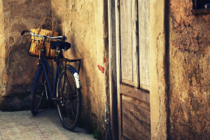 cesta, bicicleta, porta, casa, parede