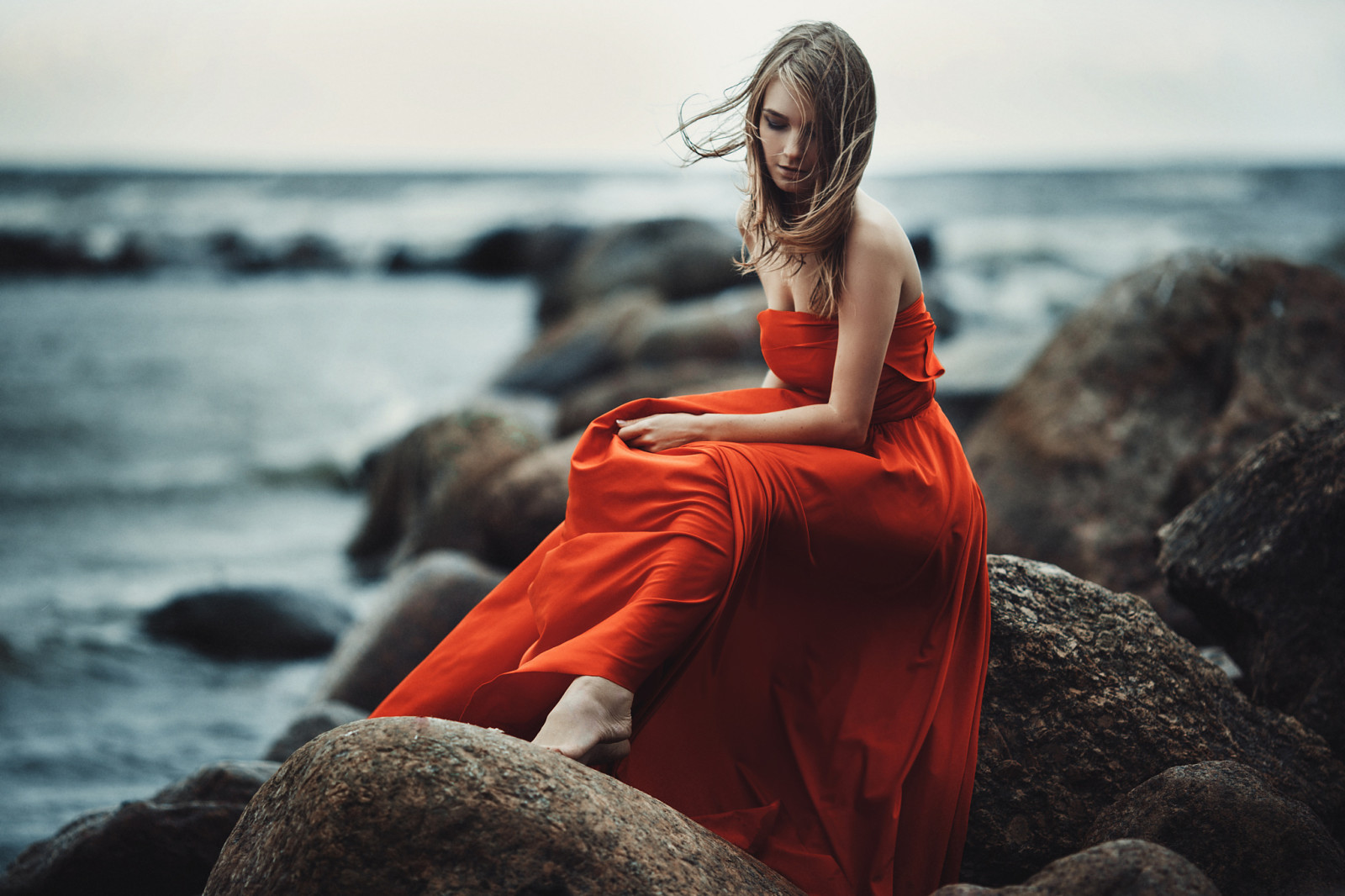 bleu, lumière, la nature, fille, BEAUTÉ, du froid, rouge, plage