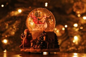 Christmas, Reindeer, Santa Claus, sleigh, snow globe