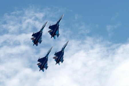 Airshow, Fighters, Russian knights, Su-27, the sky