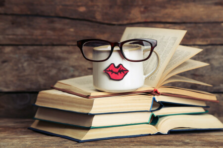 Bücher, Kaffee, Tasse, süß, komisch, Brille, Lippen, Becher