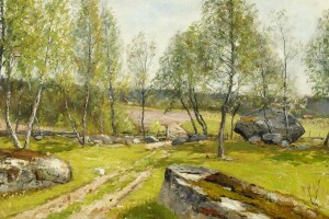 1900, Birketræer ved hegnet, Birke ved gården, Birker i gården, Olof Hermelin, Svensk kunstner, Svensk maler