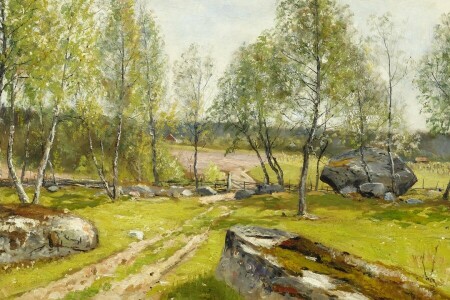 1900, Birch δέντρα στο φράχτη, Birches στην αυλή, Birches στην αυλή, Olof Hermelin, Σουηδού καλλιτέχνη, Σουηδού ζωγράφου